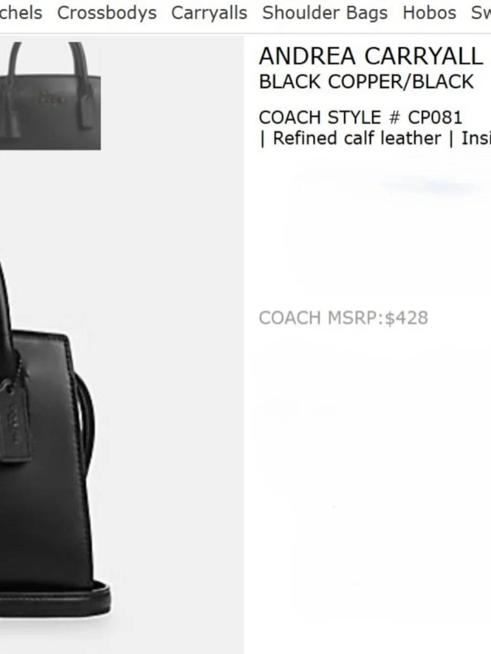 NWOT COACH Andrea Carryall Bag - Smooth Black Napa Leather - CP081 - MSRP $428